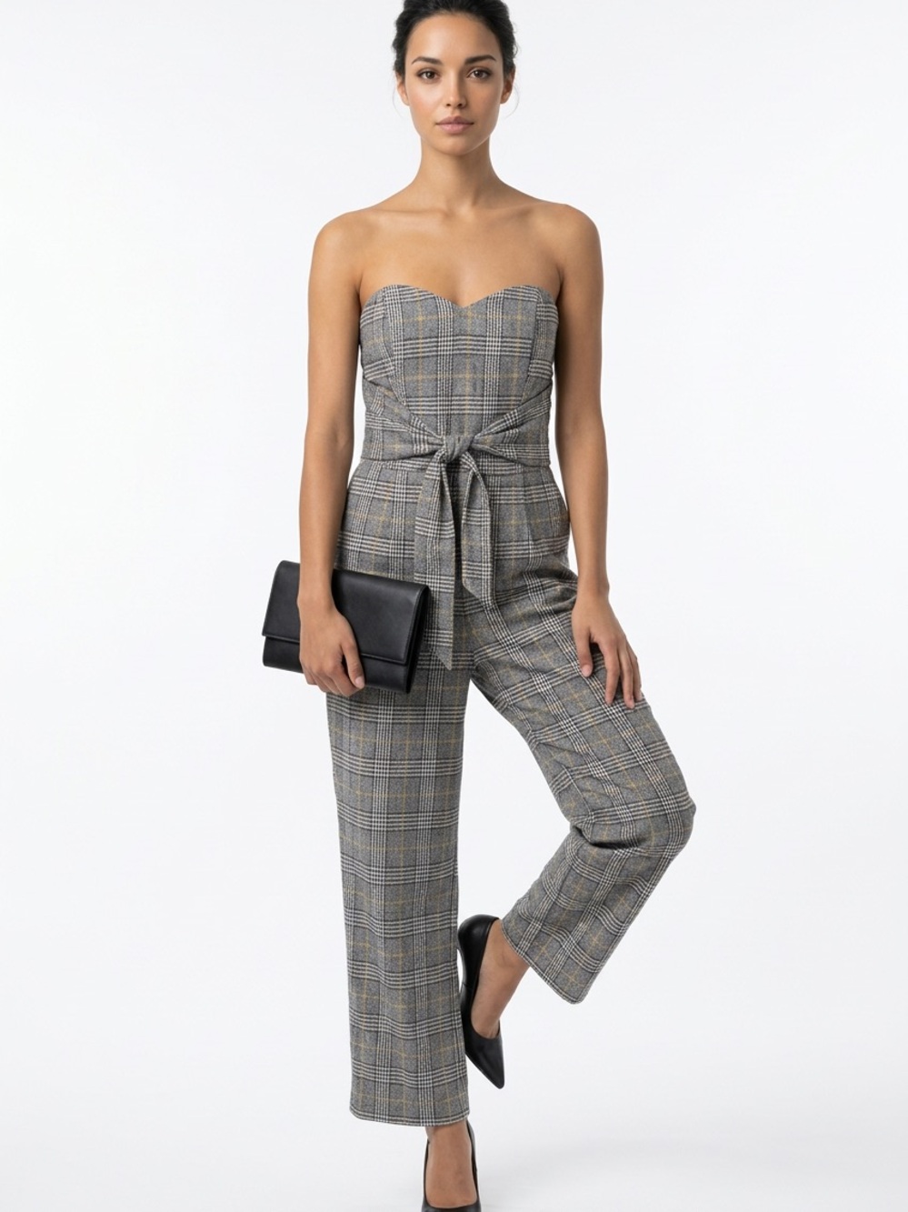 EXPRESS | NEW Plaid Strapless Tie Waist Jumpsuit Black Yellow Women’s Size 10